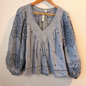 Scarlett Poppies Embroidered Blue Women's Top XS Oversized